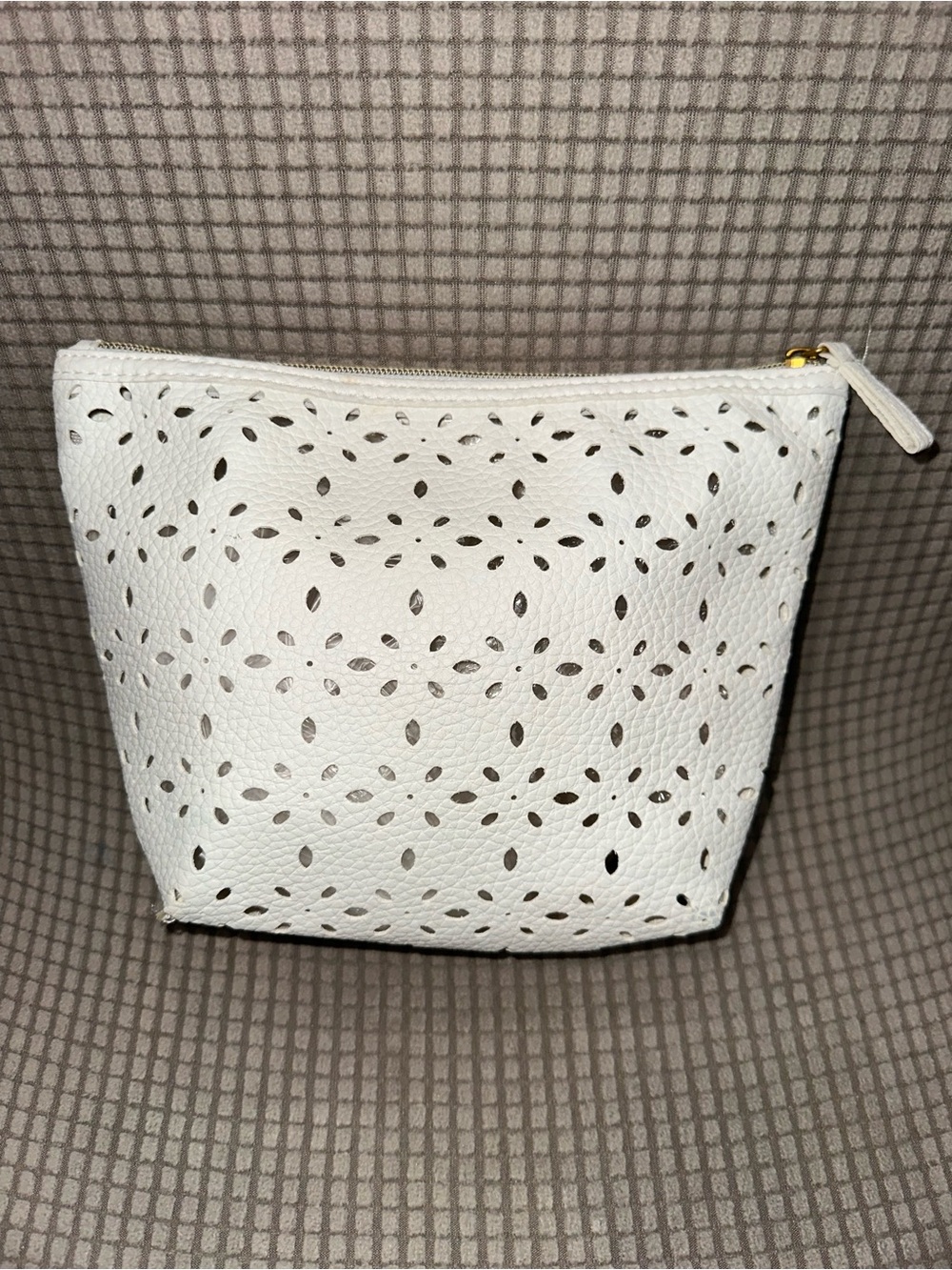 Saks 5th Ave White Laser-Cut Leather Cosmetic Pouch with detachable mirror